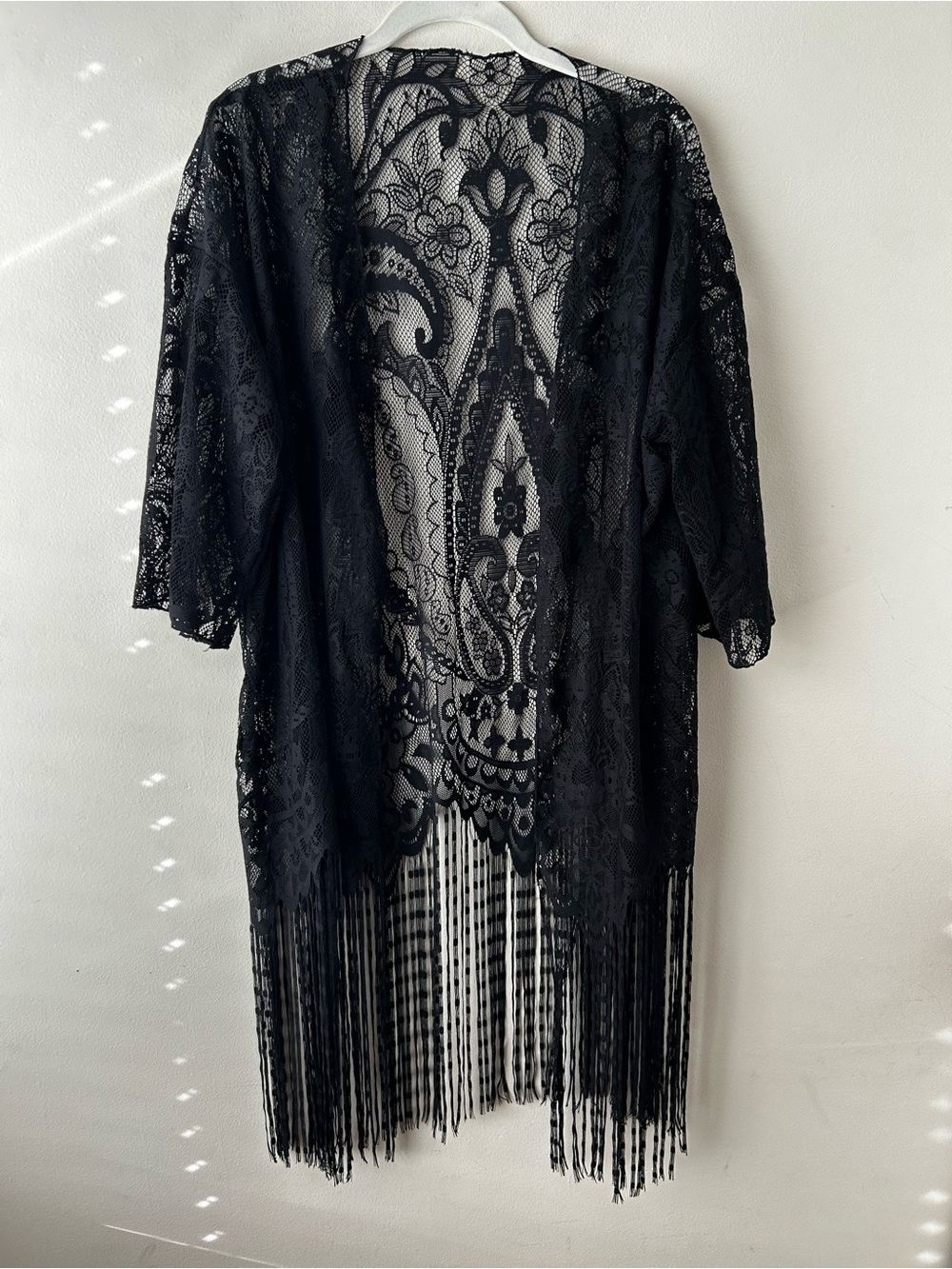 Whimsigoth Gothic Boho Festival Lace Fringe Kimono Long Cardigan Black Small